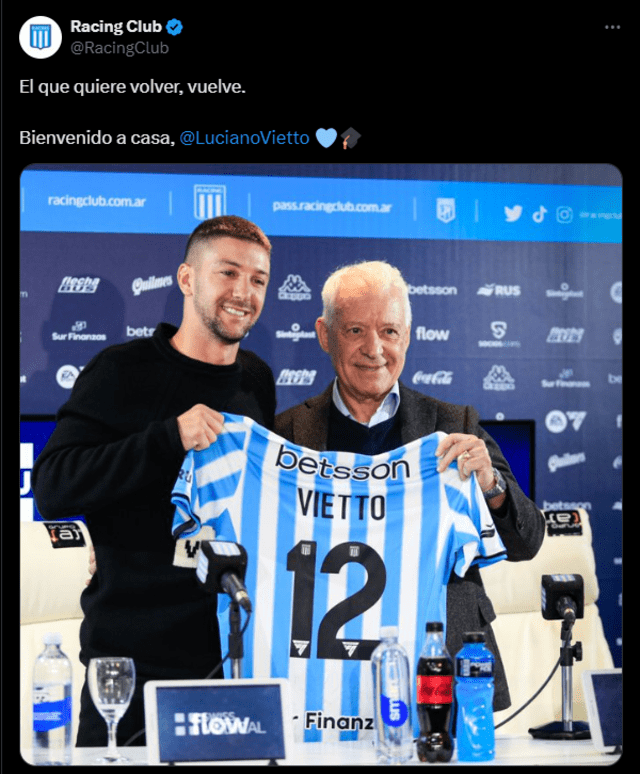  Tuit con el que Racing anuncia a Luciano Vietto. Foto: captura de X/Racing Club   