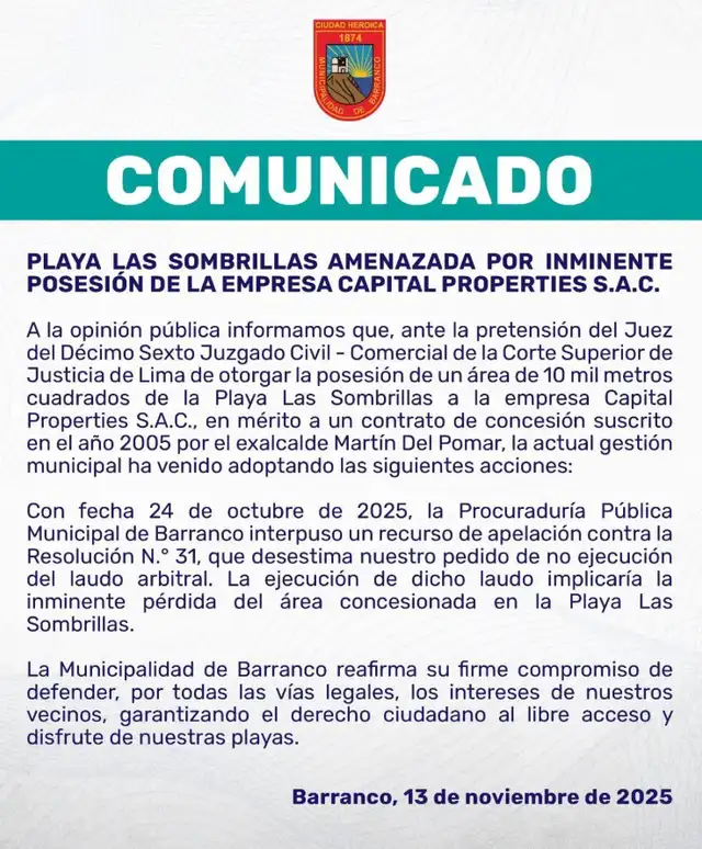 Comunicado de la Municipalidad de Barranco afirmó que defenderá los ''intereses de sus vecinos''.   
