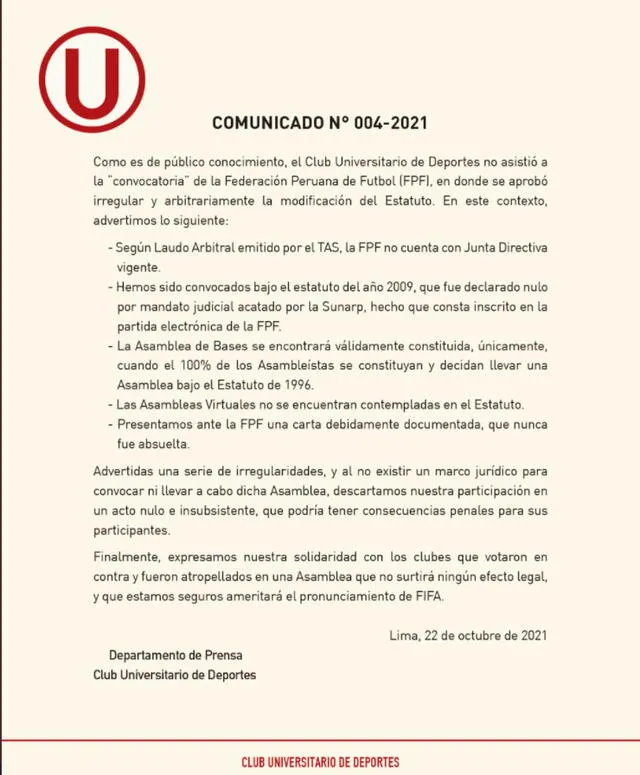 Universitario de Deportes se mostró en desacuerdo con FPF tras la aprobación de nuevos estatutos. Foto: Universitario de Deportes / Twitter