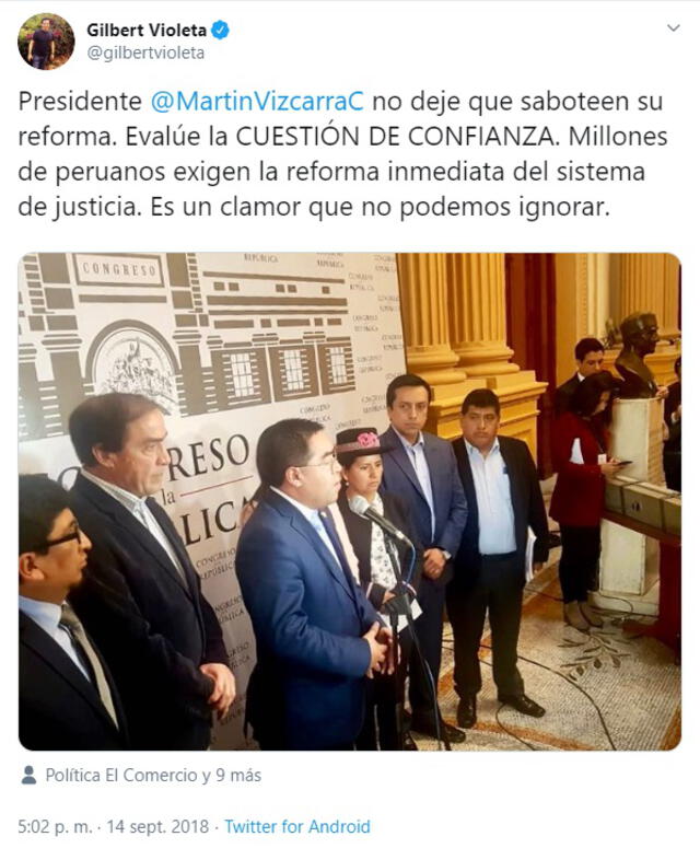 Congresista Gilbert Violeta le pidió por Twitter a Martín Vizcarra que considerara plantear una cuestión de confianza por reformas constitucionales en el 2018. Foto: Captura Twitter.