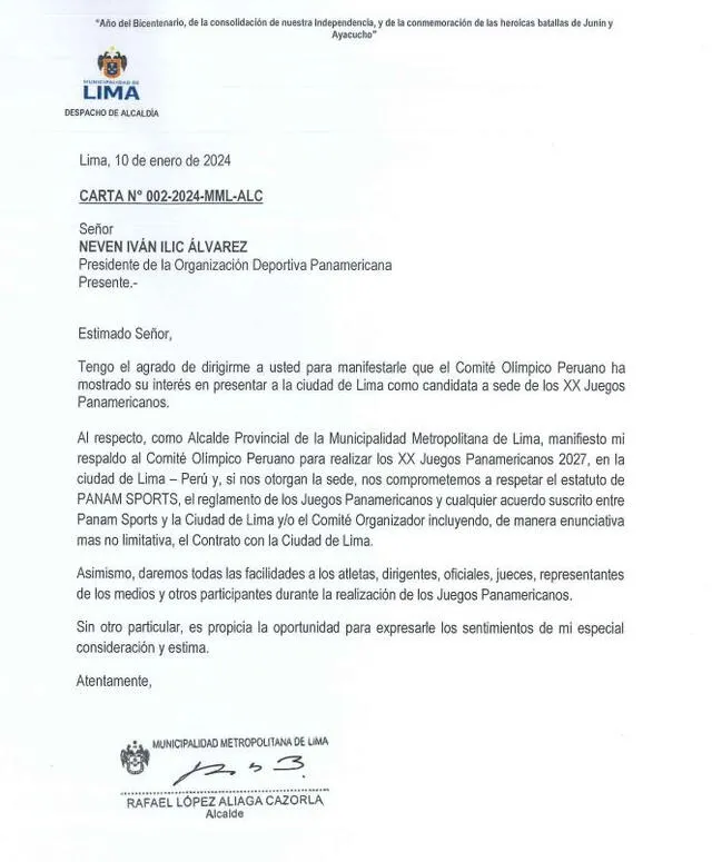 Carta enviada a Panam Sports. Foto: Municipalidad de Lima   
