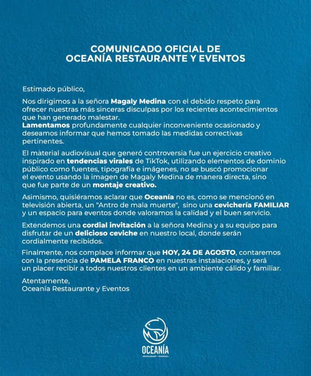 Comunicado de cebichería ‘Oceanía’ de Trujillo. Foto: Instagram   