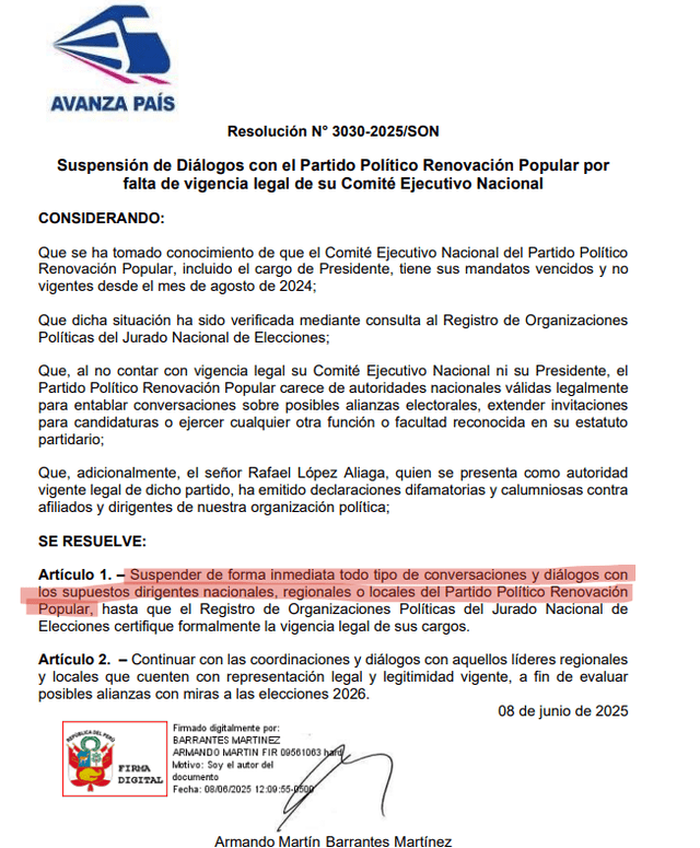 Comunicado del partido Avanza País en el que anuncian que suspendieron el diálogo con Renovación Popular. Foto: Avanza País   