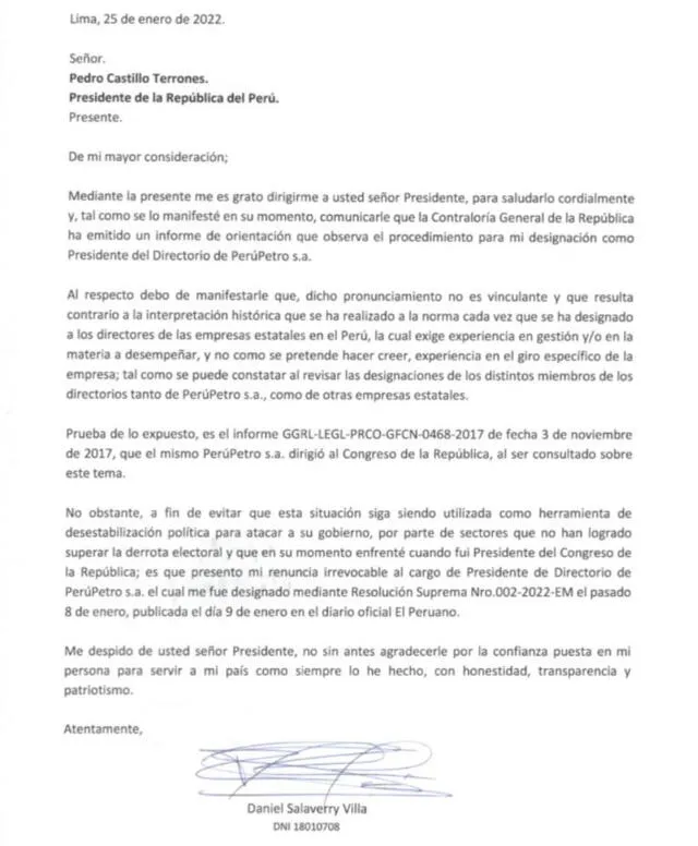 Carta de renuncia de Daniel Salaverry presentada al presidente Pedro Castillo. Foto: Difusión
