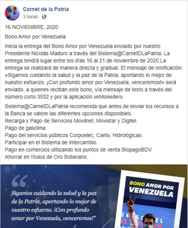 El sistema Patria tiene desde esta semana un nuevo bono en Venezuela. Foto: captura de Facebook