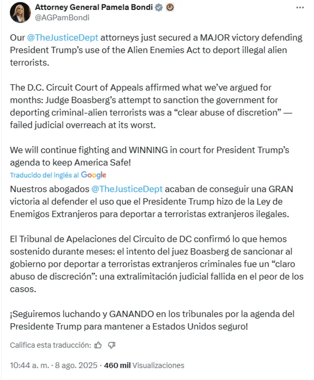Pam Bondi se pronuncia tras el fallo a favor de Donald Trump. Foto: X Pam Bondi se pronuncia tras el fallo a favor de Donald Trump. Foto: X