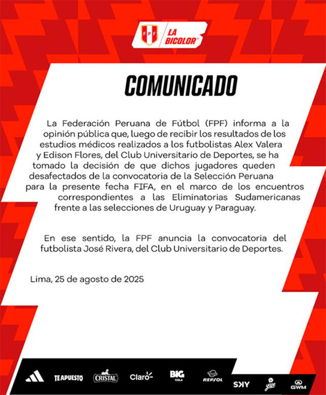Comunicado de la selección peruana. Foto: La Bicolor    