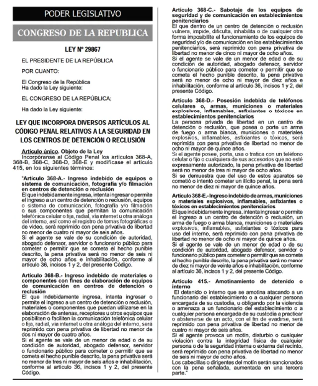 Ley 29867 sobre el ingreso de elementos ilícitos a penales. Foto: Difusión Ley 29867 sobre el ingreso de elementos ilícitos a penales. Foto: Difusión