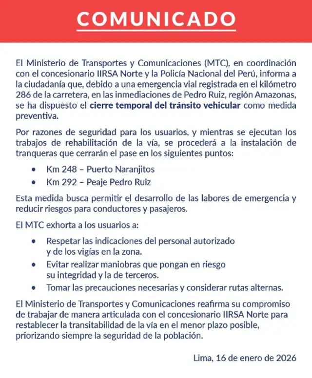 MTC se pronuncia sobre cierre de vias en la región Amazonas. Foto: difusión