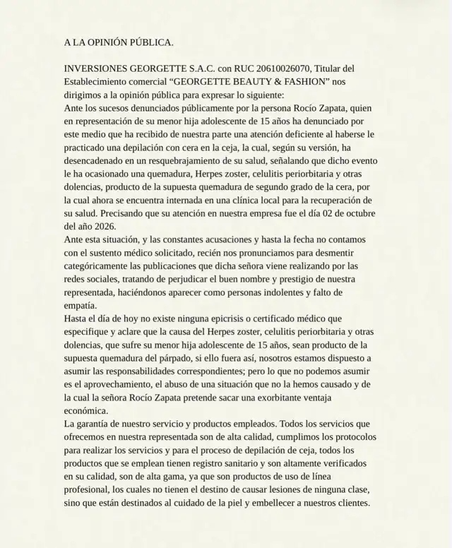 Centro estético se pronuncia sobre caso de menor afectada por servicio de depilación.