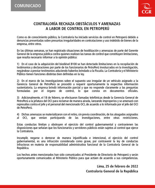 Comunicado de la Contraloría. Foto: @ContraloriaPeru / Twitter