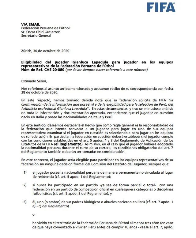 Carta de la FIFA sobre el caso de Gianluca Lapadula.
