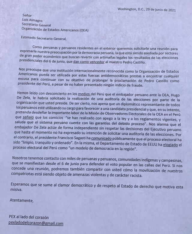 Ciudadanos envían carta a OEA para rechazar supuestas acciones antidemocráticas