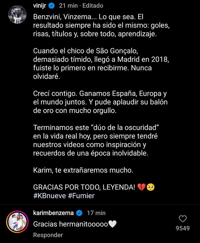  Respuesta de Benzema a la despedida de Vinícius Jr. Foto: captura/Instagram   