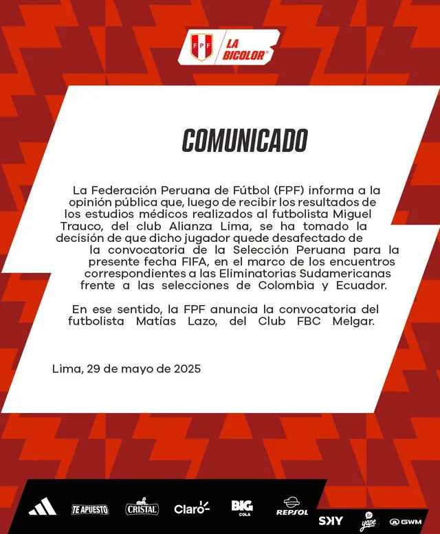 Comunicado de la selección peruana sobre la lesión de Miguel Trauco. Foto: FPF Comunicado de la selección peruana sobre la lesión de Miguel Trauco. Foto: FPF