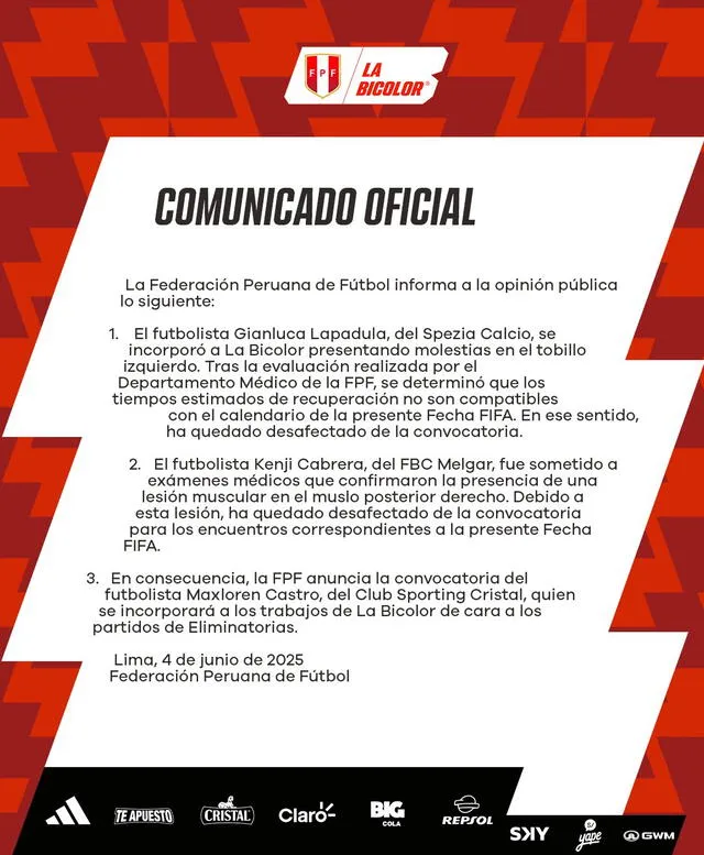 Comunicado oficial de la Selección peruana: Foto: FPF. Comunicado oficial de la Selección peruana: Foto: FPF.