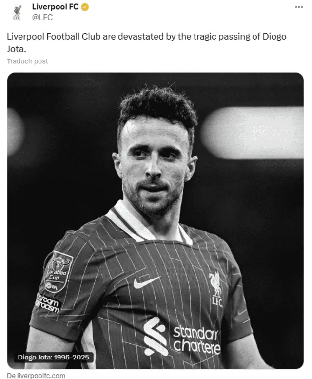 Mensaje de despedida del Liverpool a Diogo Jota. Foto: Liverpool/x Mensaje de despedida del Liverpool a Diogo Jota. Foto: Liverpool/x