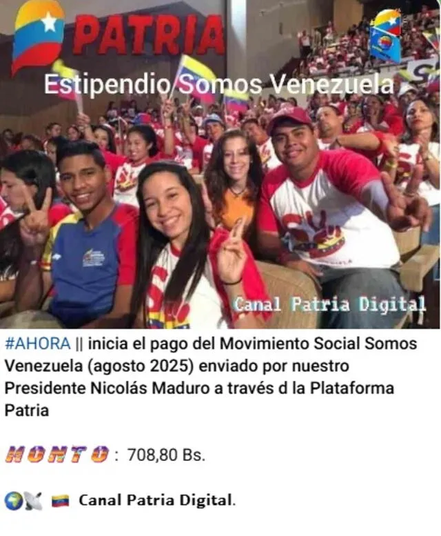 Anuncio del Bono Somos Venezuela de agosto 2025. Foto: Canal Patria Digital   