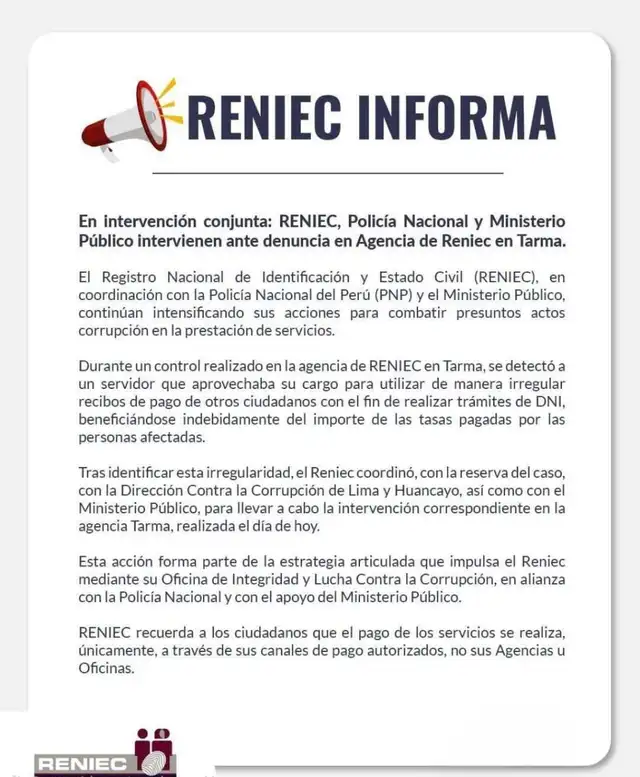  Pronunciación de la Reniec tras detención de trabajador por cobros falsos por trámites de DNI. 