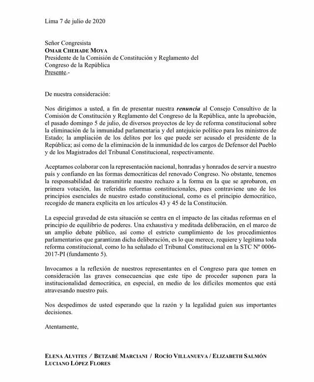 Carta de renuncia de los juristas Alvites, Marciani, Villanueva, Salmón y López.