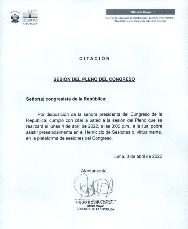 Congreso cita al Pleno para este lunes 4. Foto: documento oficial