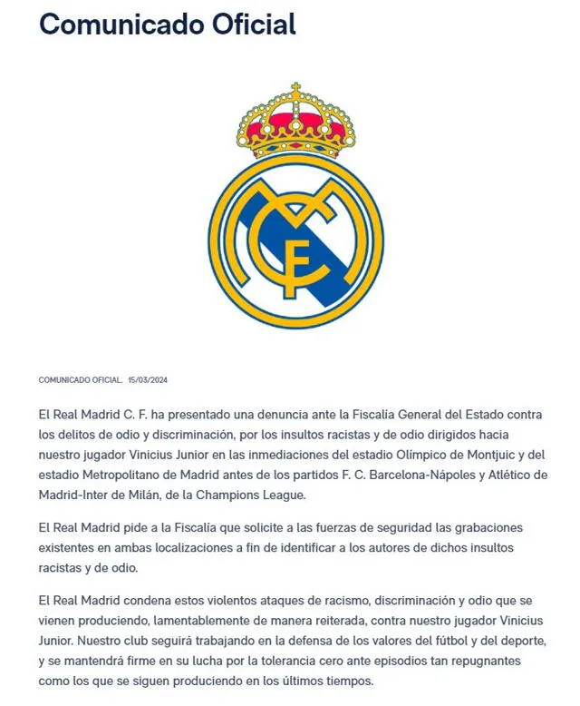 Comunicado oficial del cuadro merengue. Foto: Real Madrid   