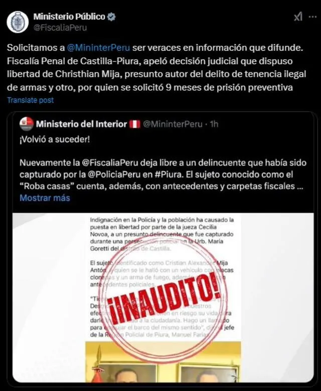 Comunicado del Ministerio Público sobre acusación del Mininter. Foto: X   