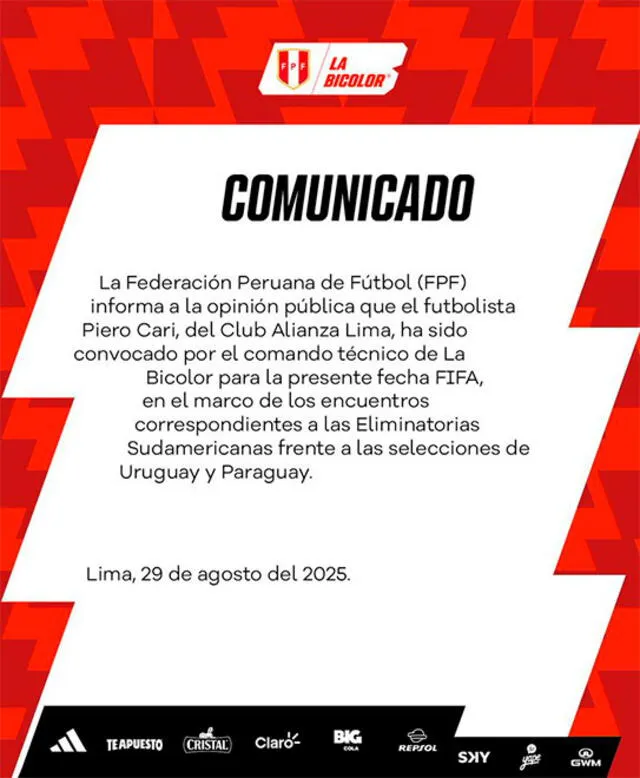 Comunicado de la FPF. Foto: X/FPF   