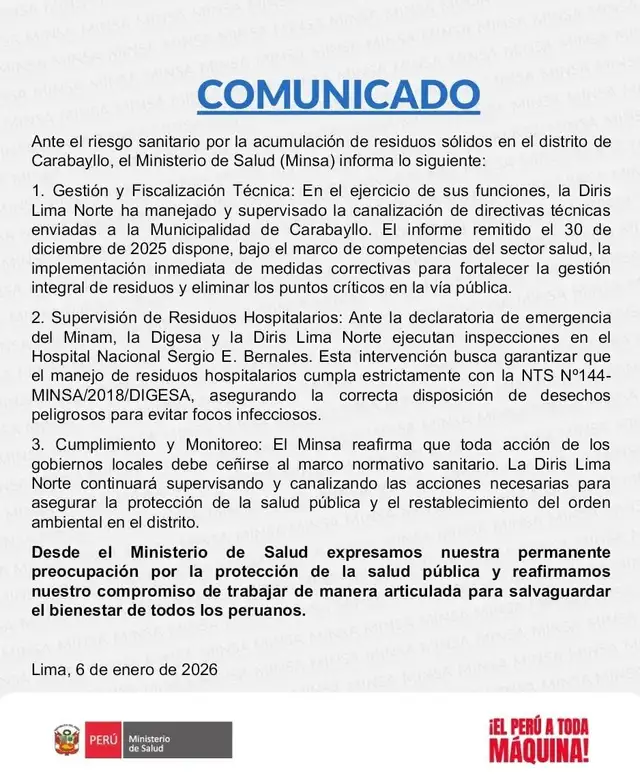 Comunicado del Minsa ante la situación en Carabayllo. Foto: Minsa.   