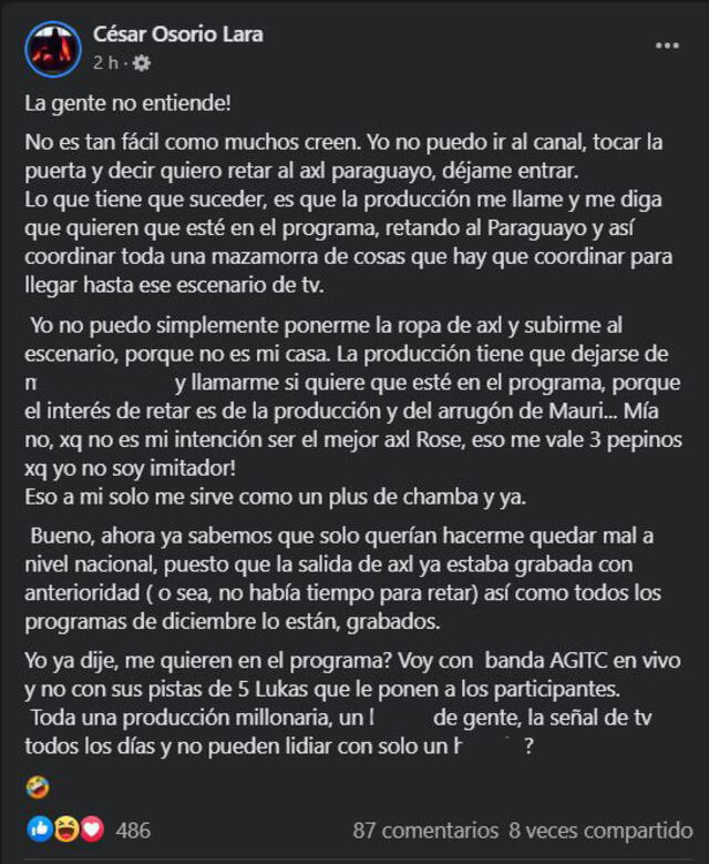 Cesar Osorio explica por qué no retó al Axl Rose paraguayo en Yo soy: grandes batallas internacionales. Foto: captura de Facebook