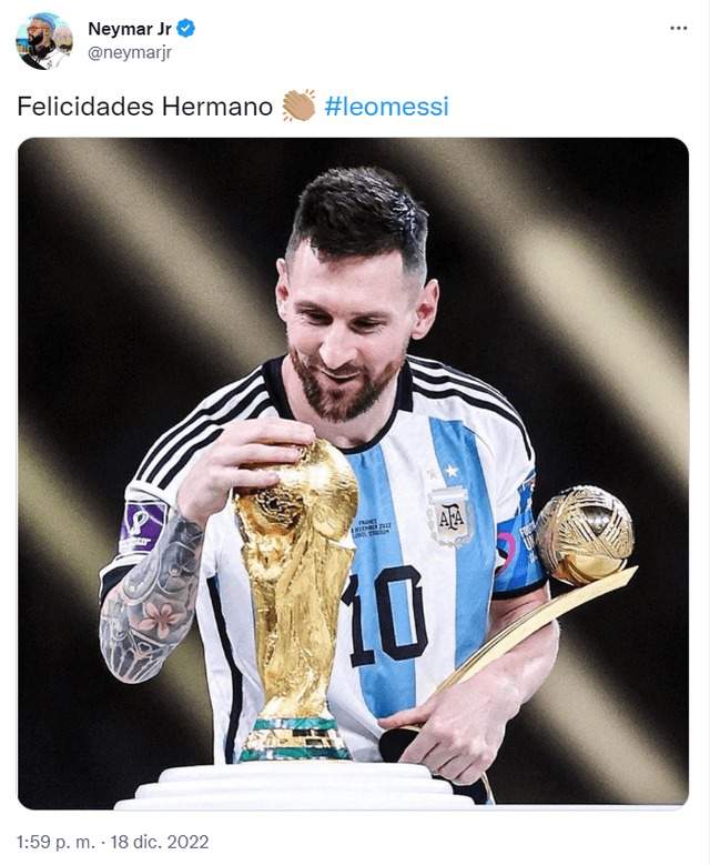 Neymar felicitó a Lionel Messi por coronarse campeón de Qatar 2022. Foto: Twitter