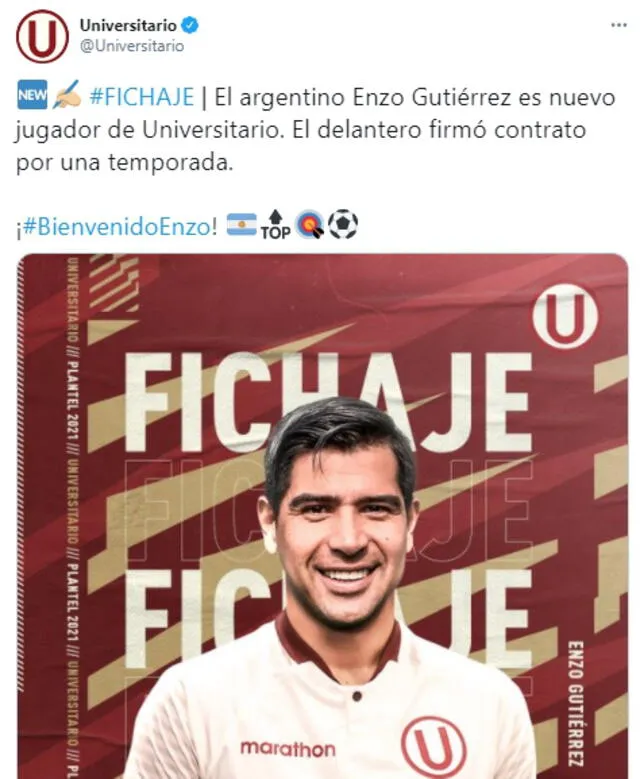 Universitario oficializo a Enzo Gutiérrez como su nuevo delantero. Foto: Universitario - Twitter