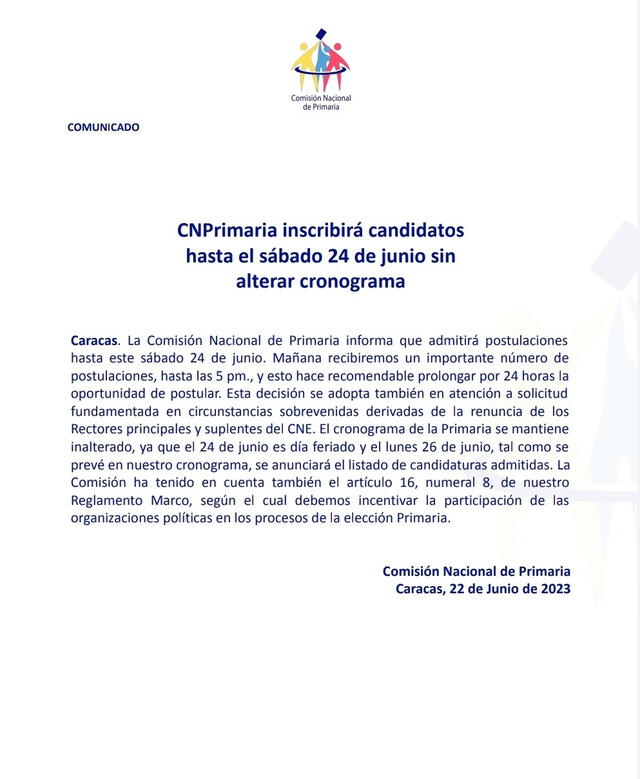 La Comisión Nacional de Primaria reveló los detalles de esta prórroga por medio de un comunicado. Foto: Comisión Nacional de Primaria/Twitter.