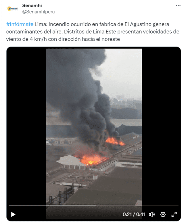 El Senamhi informó sobre la situación del incendio a través de su cuenta de Twitter. Foto: Twitter / @SenamhiPeru   