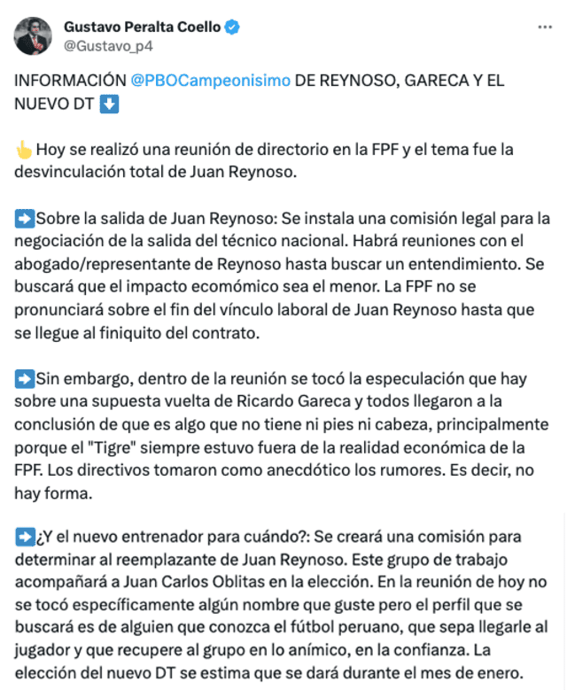 Publicación sobre el futuro del DT de la selección peruana. Foto: Twitter/Gustavo Peralta.   