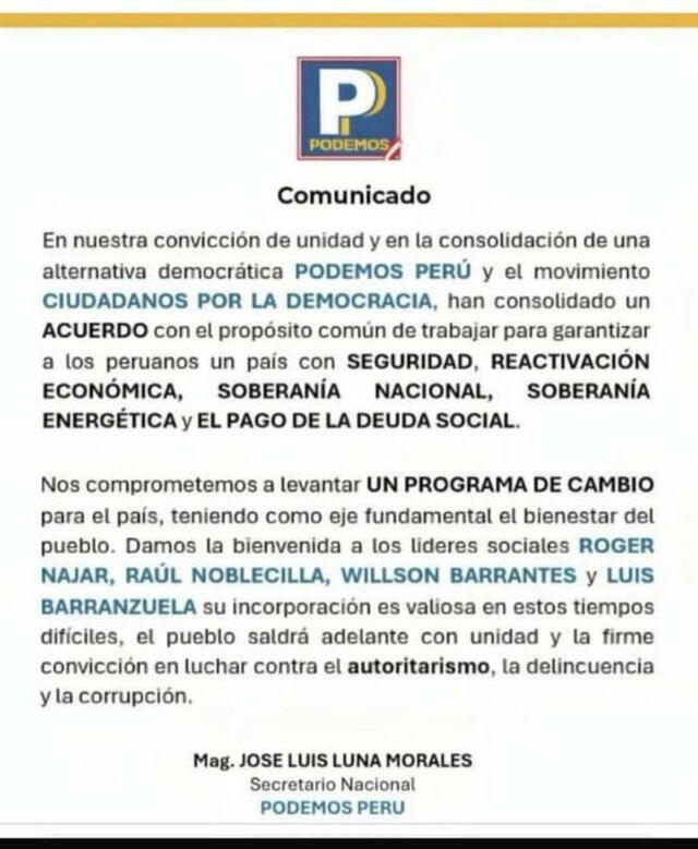 Comunicado de Podemos Perú. Foto: Podemos   