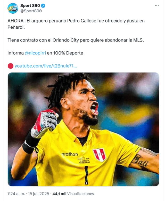 Pedro Gallese fue ofrecido al Peñarol. Foto: vía X Pedro Gallese fue ofrecido al Peñarol. Foto: vía X