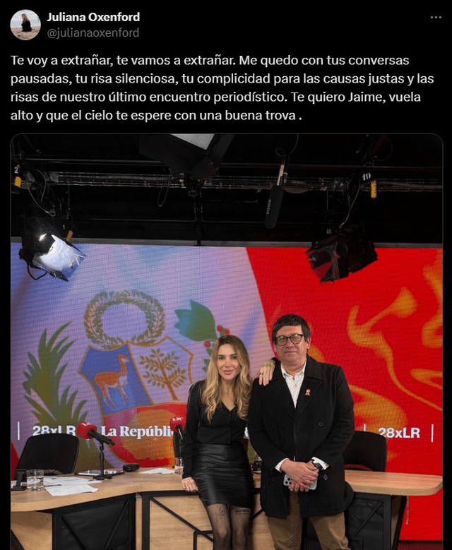  Juliana Oxenford se despidió de su colega y amigo Jaime Chincha.   