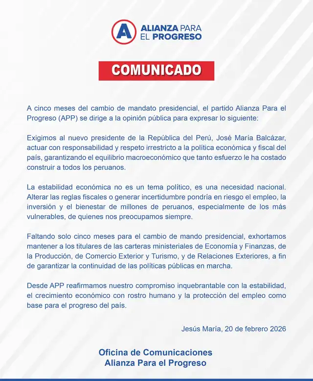  Comunicado de Alianza para el Progreso. Foto: difusión   
