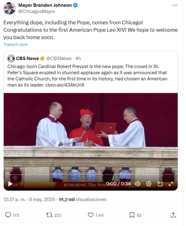 “Everything dope, including the Pope, comes from Chicago!” — Chicago Mayor Brandon Johnson celebrates hometown pride as Robert Prevost becomes Pope Leo XIV, the first American pontiff. Photo: MAyor Brandon Johnson X account “Everything dope, including the Pope, comes from Chicago!” — Chicago Mayor Brandon Johnson celebrates hometown pride as Robert Prevost becomes Pope Leo XIV, the first American pontiff. Photo: MAyor Brandon Johnson X account