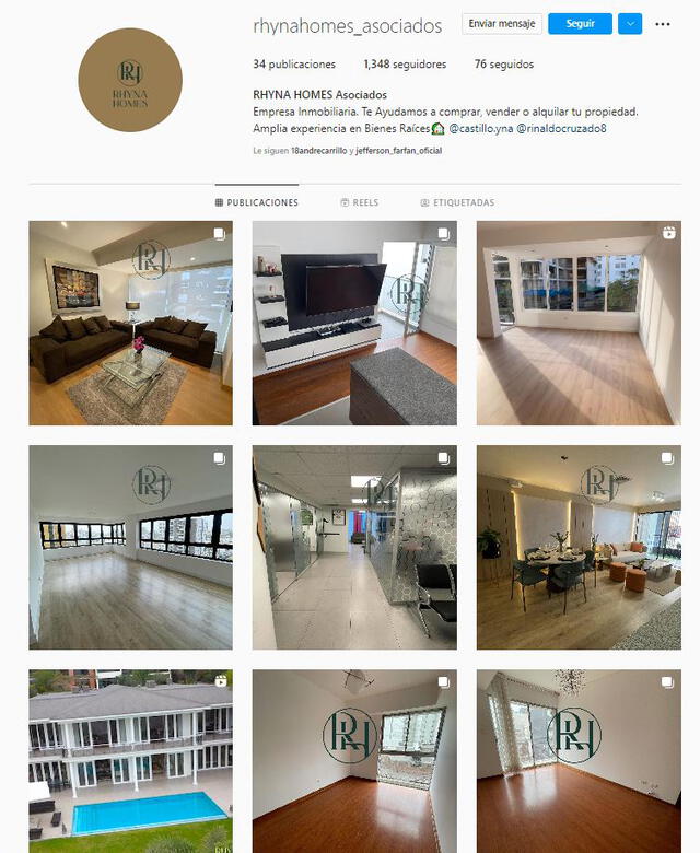 Instagram oficial de la empresa Rhyna Homes de Rinaldo Cruzado. Foto: captura de Instagram