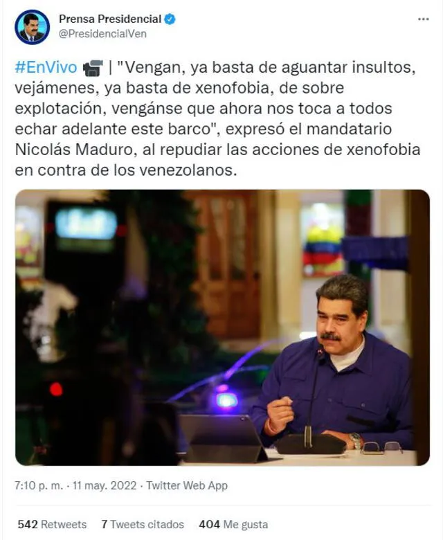 Nicolás Maduro vuelve enviar mensaje a migrantes venezolanos en medio de una cadena de radio y televisión. Foto: captura Twitter