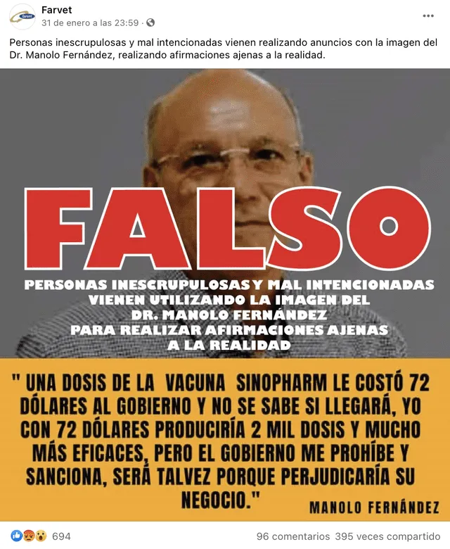 El fanpage de Laboratorios Farvet desmintió la imagen viral. Foto: captura en Facebook / Farvet