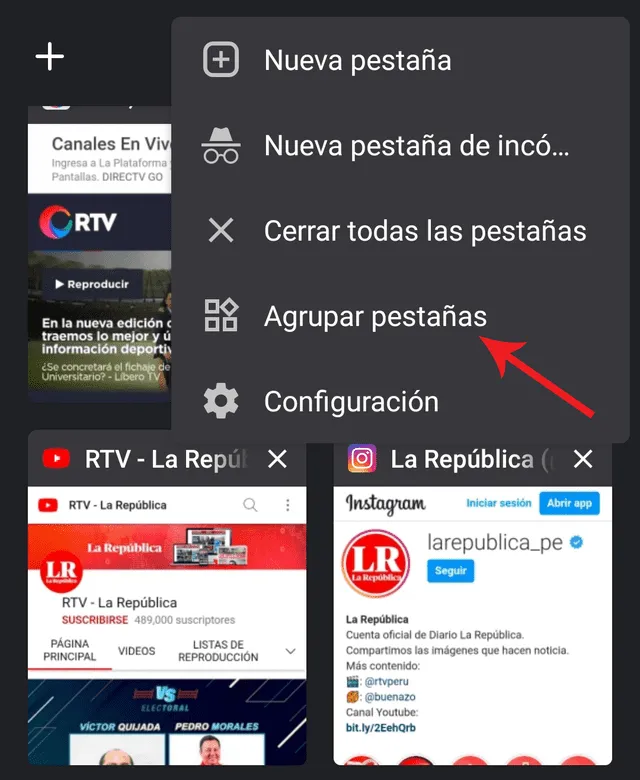 Opción para agrupar pestañas desde el menú de Google Chrome. Foto: La República Opción para agrupar pestañas desde el menú de Google Chrome. Foto: La República