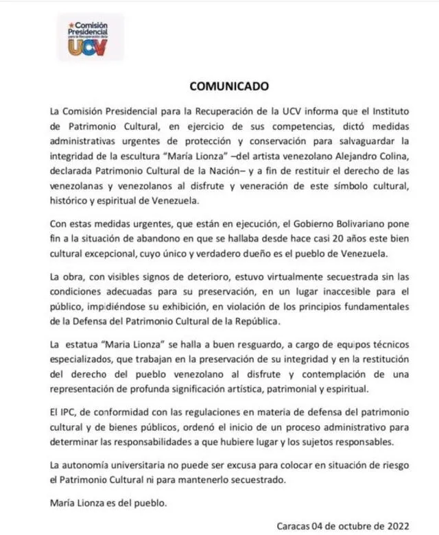 Comunicado de Comisión Presidencial