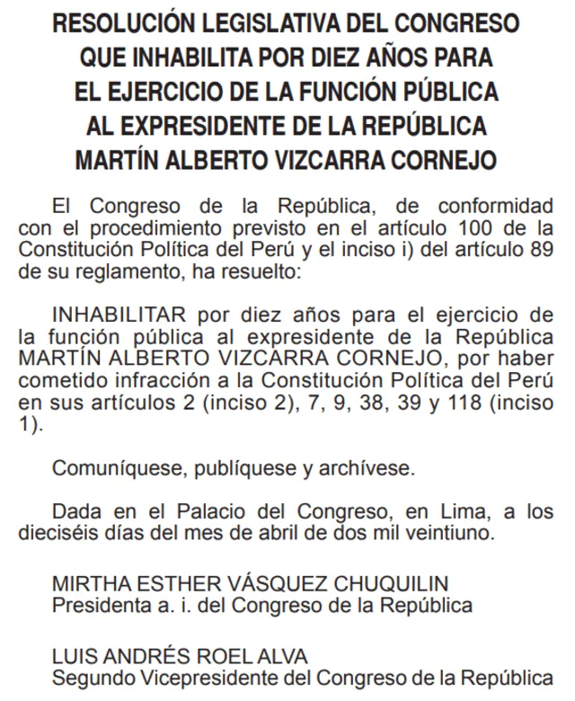 Resolución que inhabilita por 10 años a Martín Vizcarra. Foto: El Peruano
