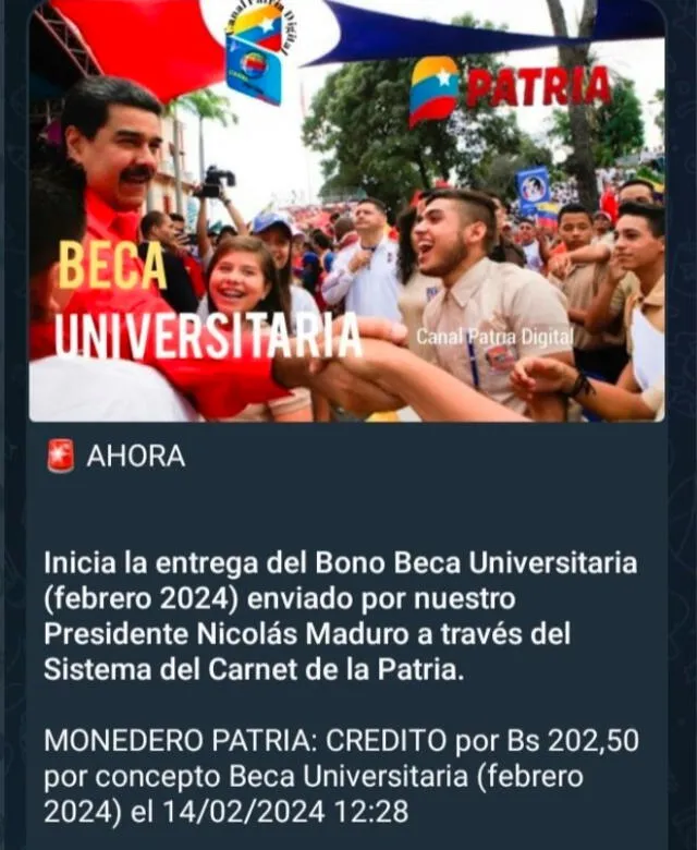 Anuncio del Bono Beca Universitaria de febrero 2024 entregado por la administración de Nicolás Maduro. Foto: Canal Patria Digital   