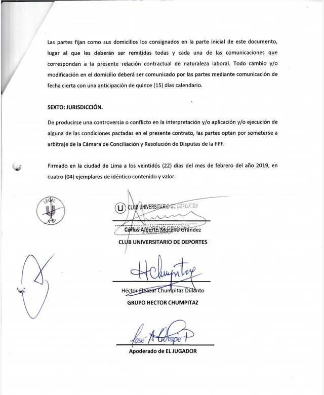 Contrato de transferencia de Piero Quispe compartido por el abogado de Universitario. Foto: Franco Velazco Imparato/X 
