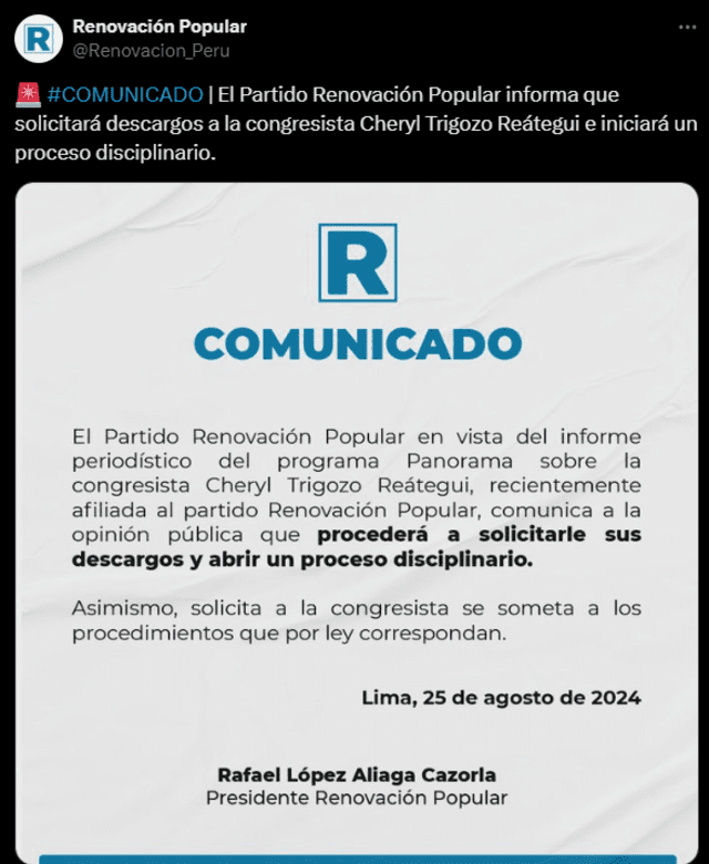 Escrito lleva el nombre del alcalde de Lima, Rafael López Aliaga. Foto: Renovación Popular.   