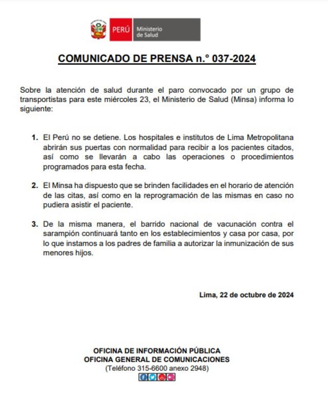 Atención en hospitales se desarrollarán con normalidad. Foto: Minsa/X   